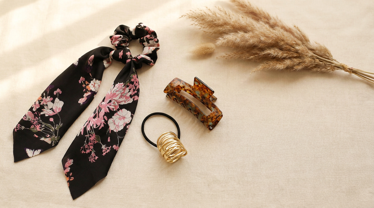 AZZ Hair collection — scrunchie, chain hair tie, and updo claw clip styled together