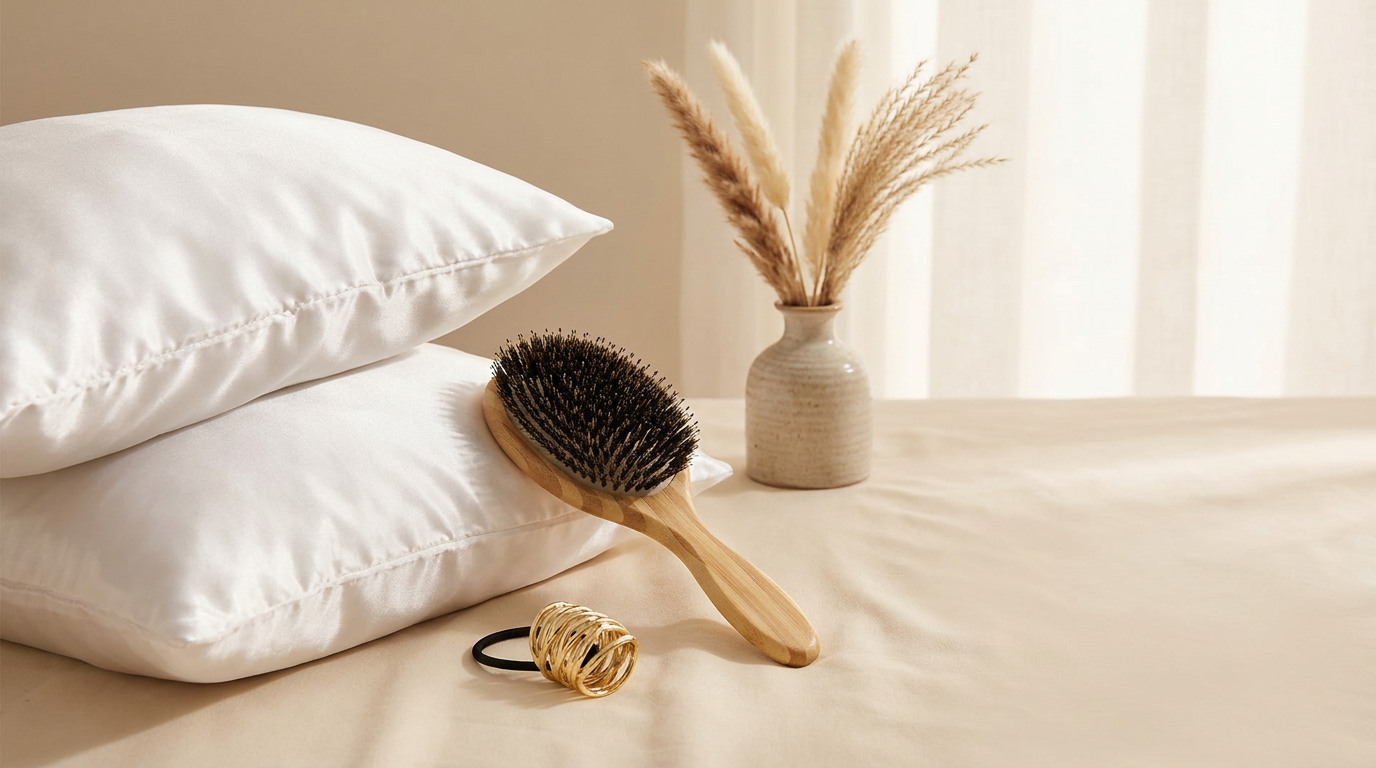 AZZ Bundles collection — pillowcase, boar bristle brush, and chain hair tie styled together