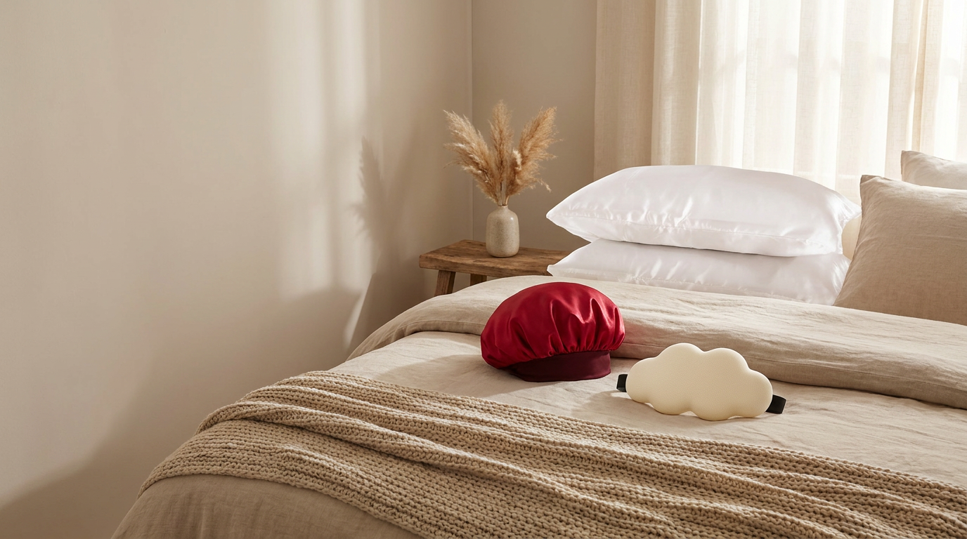 AZZ Sleep collection — pillowcase, bonnet, and eye mask styled on a bed