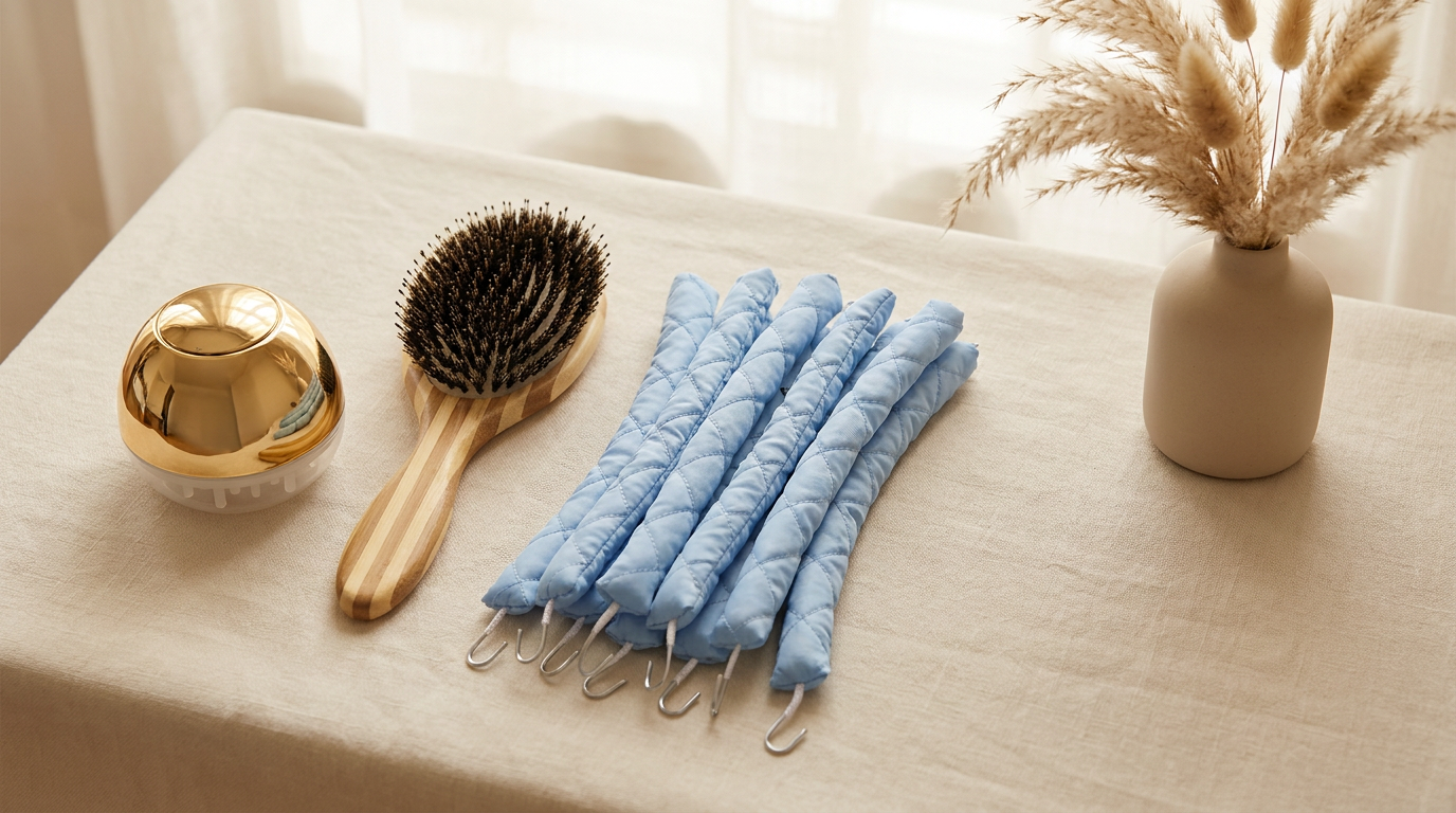 AZZ Tools collection — scalp massager, boar bristle brush, and curling rods