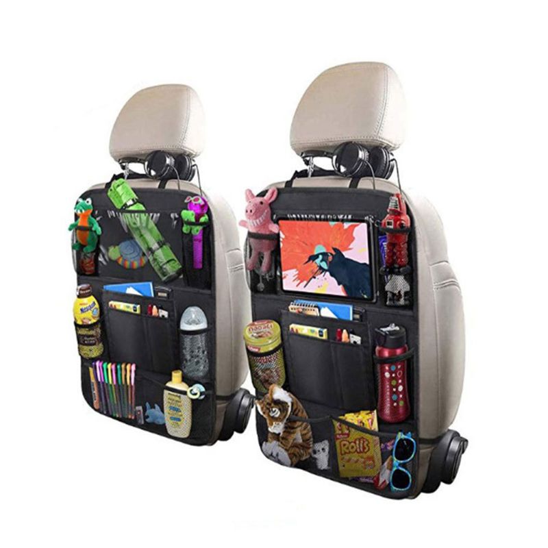 Azz car organizer hanging on seatback holding bottles and items