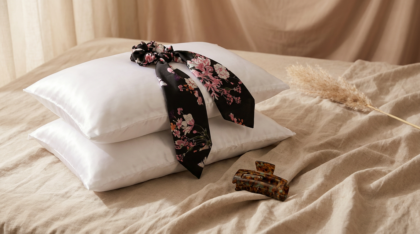 AZZ homepage hero — pillowcases, floral scrunchie, and tortoiseshell claw clip