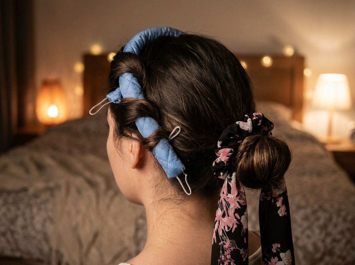 AZZ No-Heat Curl Kit lifestyle photo — rods in hair with scrunchie