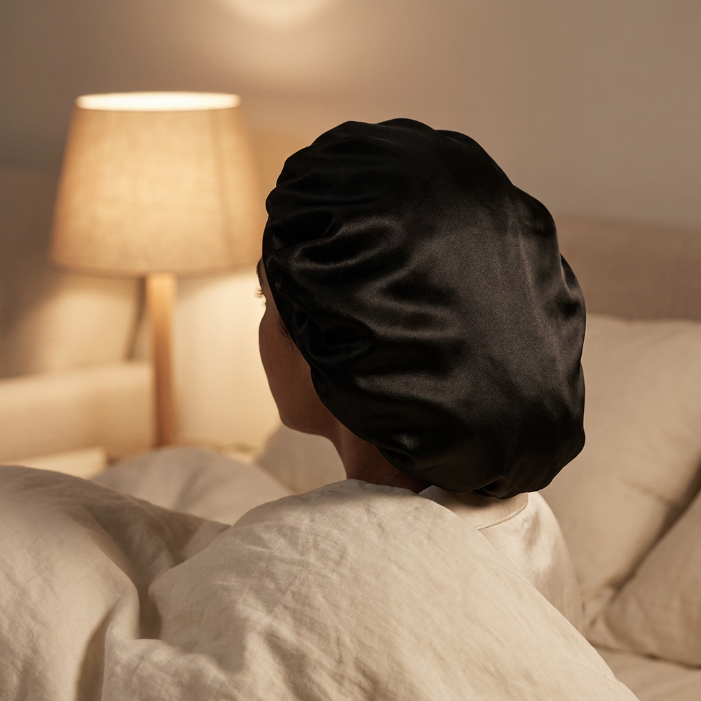 AZZ Satin Sleep Bonnet in Black worn overnight