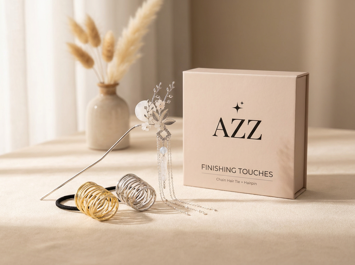 AZZ Finishing Touches branded packaging — chain tie and hairpin