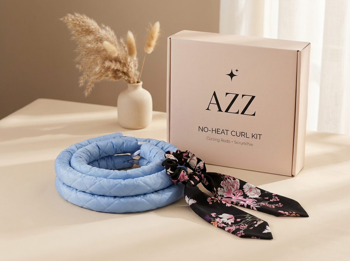 AZZ No-Heat Curl Kit branded packaging — curling rods and scrunchie