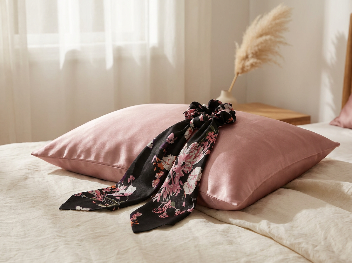 AZZ Sleep Set lifestyle photo — pillowcase and scrunchie on a bed