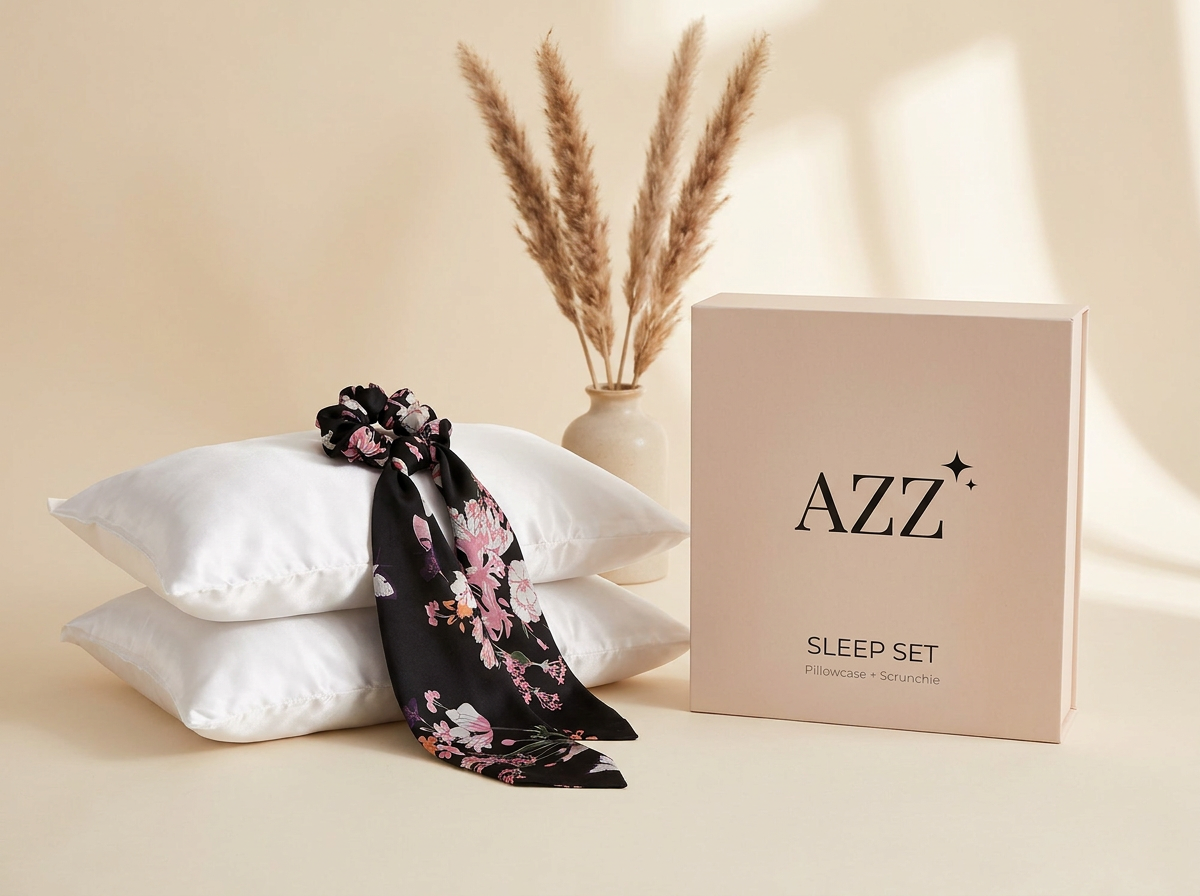 AZZ Sleep Set branded packaging mockup — pillowcase and scrunchie