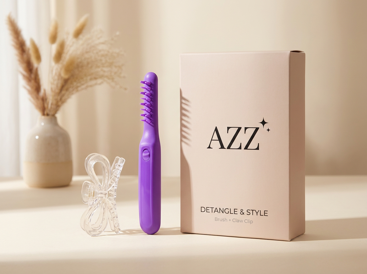 AZZ Detangle & Style branded packaging — brush and claw clip