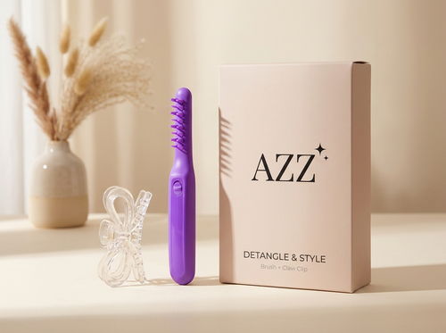 AZZ Detangle & Style branded packaging — brush and claw clip