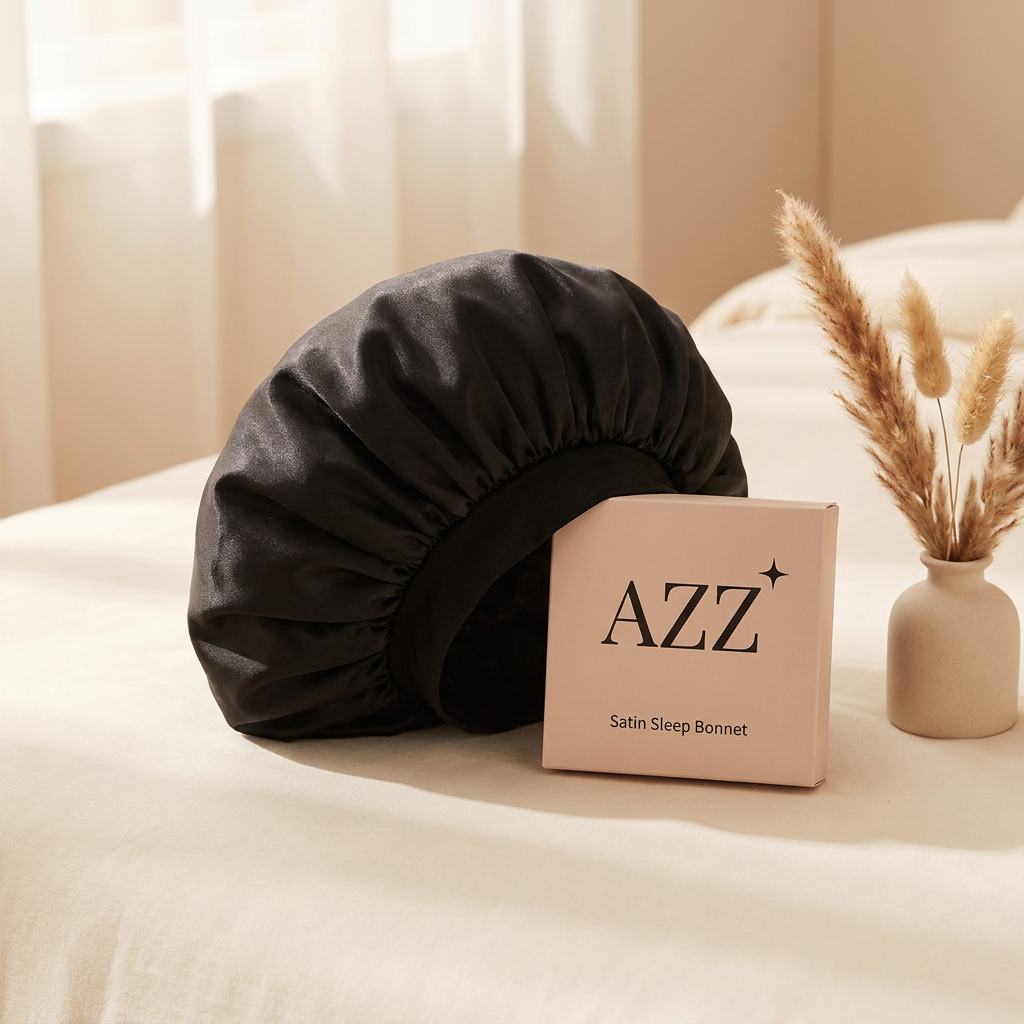 AZZ Satin Sleep Bonnet in Black with AZZ packaging