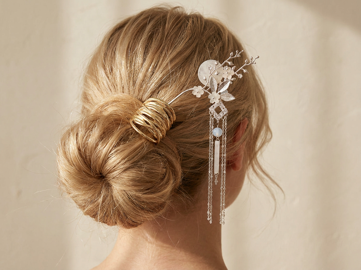 AZZ Finishing Touches lifestyle photo — updo with tie and hairpin
