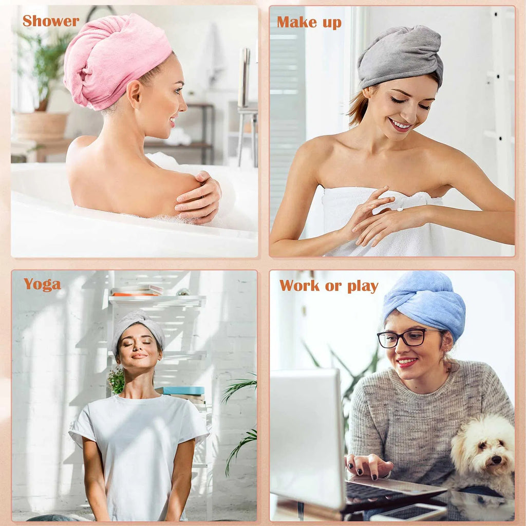 AZZ Hair Towel Wrap in use during a daily routine, in pink, grey and blue